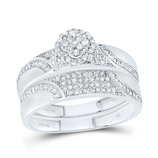 10kt White Gold His & Hers 1/2 Cttw Diamond Clover Bridal Wedding Ring Band Set, Women Size: 5-9, Men Size: 8-12