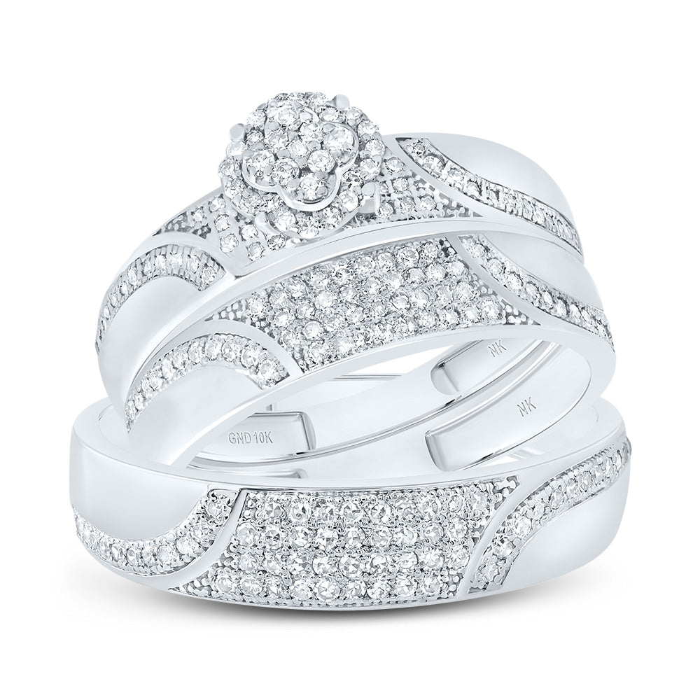 10kt White Gold His & Hers 1/2 Cttw Diamond Clover Bridal Wedding Ring Band Set, Women Size: 5-9, Men Size: 8-12