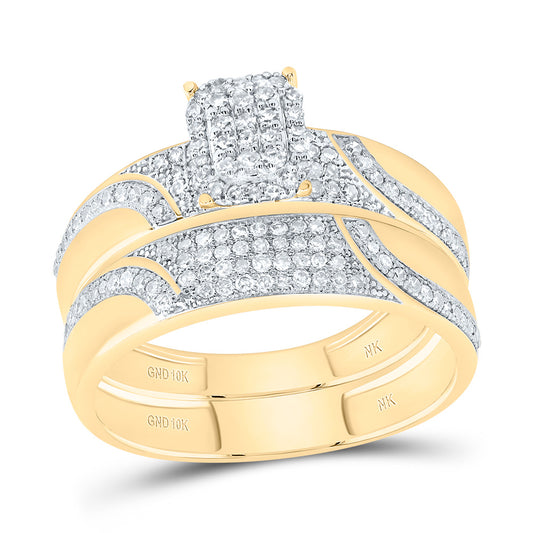 10kt Yellow Gold His & Hers 5/8 Cttw Diamond Emerald Bridal Wedding Ring Band Set, Women Size: 5-9, Men Size: 8-12