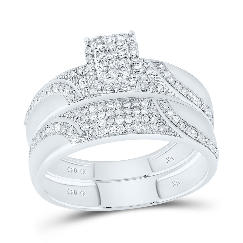 10kt White Gold His & Hers 5/8 Cttw Diamond Emerald Bridal Wedding Ring Band Set, Women Size: 5-9, Men Size: 8-12