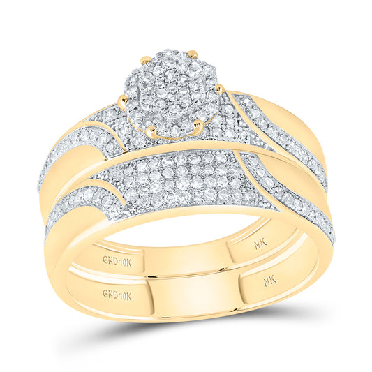 10kt Yellow Gold His & Hers 1/2 Cttw Diamond Flower Bridal Wedding Ring Band Set, Women Size: 5-9, Men Size: 8-12