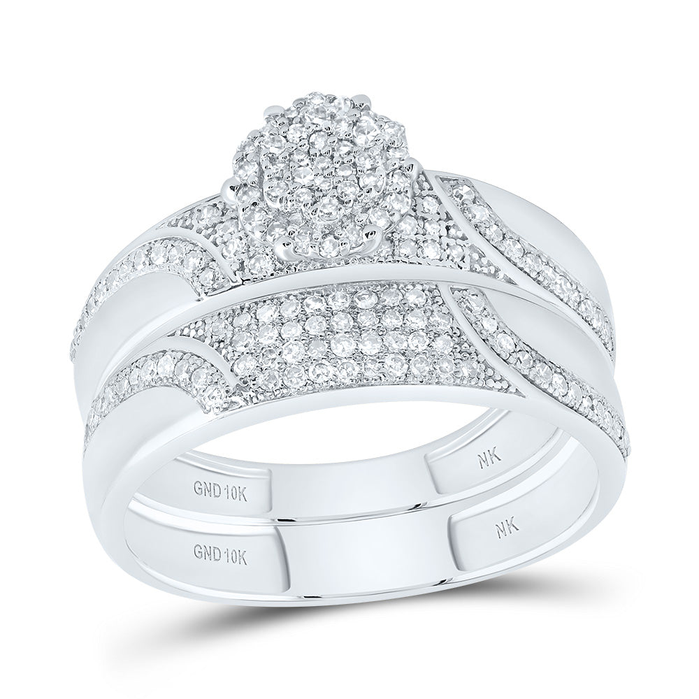 10kt White Gold His & Hers 1/2 Cttw Diamond Flower Bridal Wedding Ring Band Set, Women Size: 5-9, Men Size: 8-12
