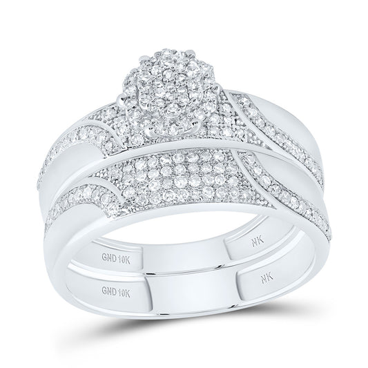 10kt White Gold His & Hers 1/2 Cttw Diamond Flower Bridal Wedding Ring Band Set, Women Size: 5-9, Men Size: 8-12