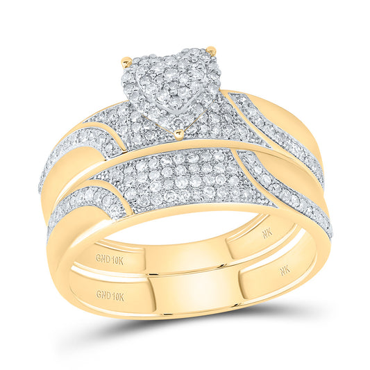 10kt Yellow Gold His & Hers 1/2 Cttw Natural Diamond Heart Bridal Wedding Ring Band Set, Women Size: 5-9, Men Size: 8-12
