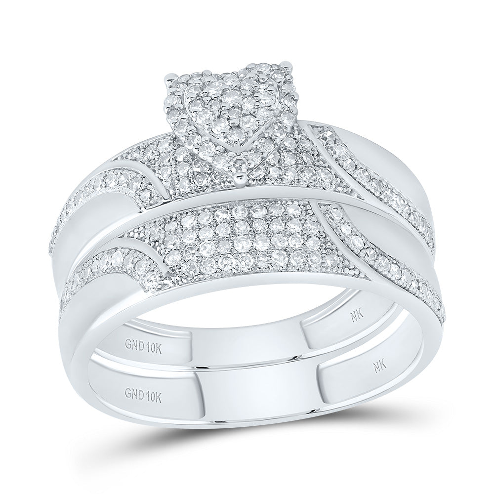 10kt White Gold His & Hers 1/2 Cttw Natural Diamond Heart Bridal Wedding Ring Band Set, Women Size: 5-9, Men Size: 8-12