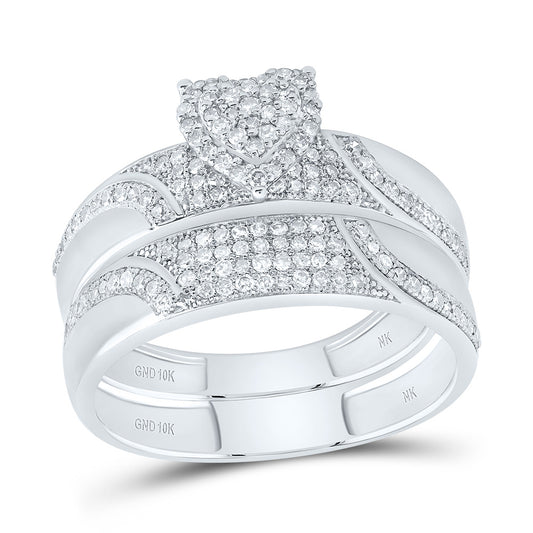 10kt White Gold His & Hers 1/2 Cttw Natural Diamond Heart Bridal Wedding Ring Band Set, Women Size: 5-9, Men Size: 8-12