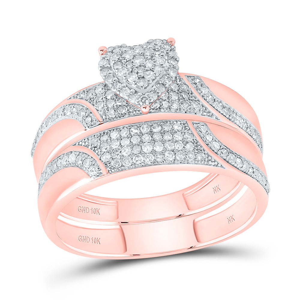 10kt Rose Gold His & Hers 1/2 Cttw Natural Diamond Heart Bridal Wedding Ring Band Set, Women Size: 5-9, Men Size: 8-12