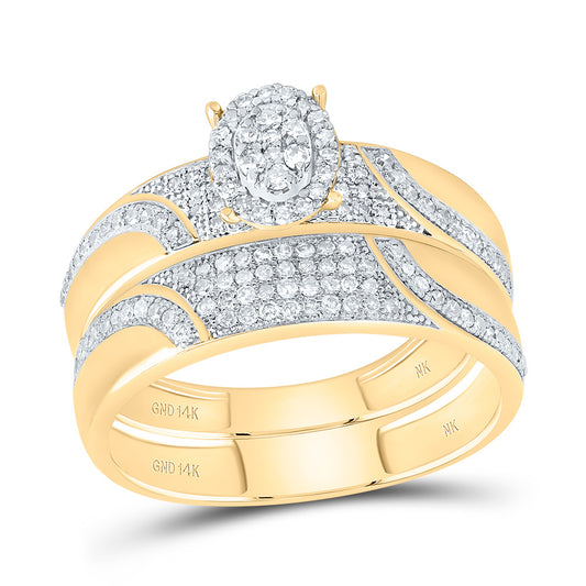 10kt Yellow Gold His & Hers 3/4 Cttw Diamond Oval Bridal Wedding Ring Band Set, Women Size: 5-9, Men Size: 8-12