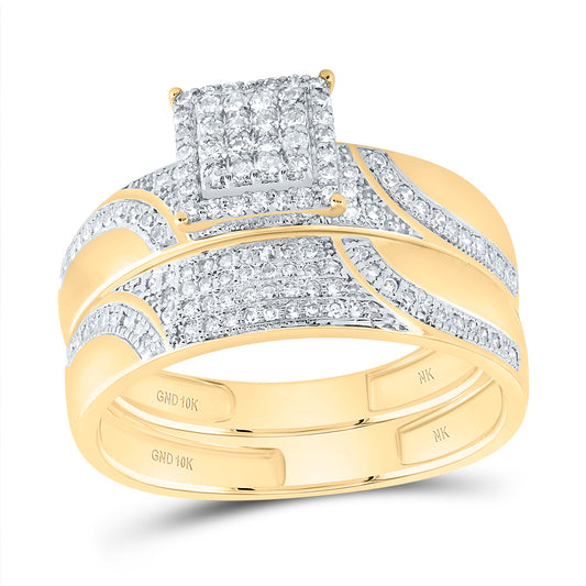 10kt Yellow Gold His & Hers 3/4 Cttw Diamond Square Bridal Wedding Ring Band Set, Women Size: 5-9, Men Size: 8-12