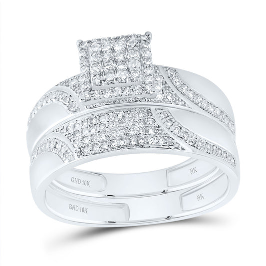 10kt White Gold His & Hers 3/4 Cttw Diamond Square Bridal Wedding Ring Band Set, Women Size: 5-9, Men Size: 8-12
