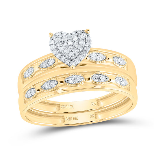 10kt Yellow Gold His & Hers 1/4 Cttw Natural Diamond Heart Bridal Wedding Ring Band Set, Women Size: 5-9, Men Size: 8-12