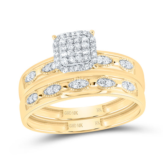 10kt Yellow Gold His & Hers 1/3 Cttw Diamond Ascher Bridal Wedding Ring Band Set, Women Size: 5-9, Men Size: 8-12