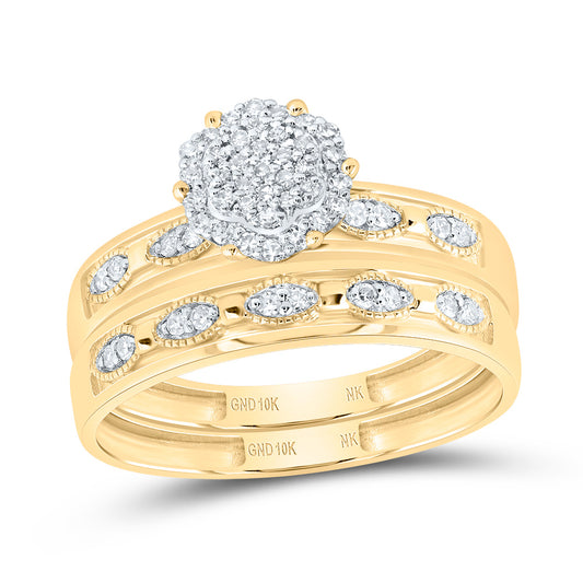 10kt Yellow Gold His & Hers 1/4 Cttw Diamond Flower Bridal Wedding Ring Band Set, Women Size: 5-9, Men Size: 8-12