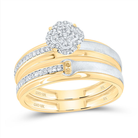 10kt Yellow Gold His & Hers 1/3 Cttw Diamond Clover Bridal Wedding Ring Band Set, Women Size: 5-9, Men Size: 8-12