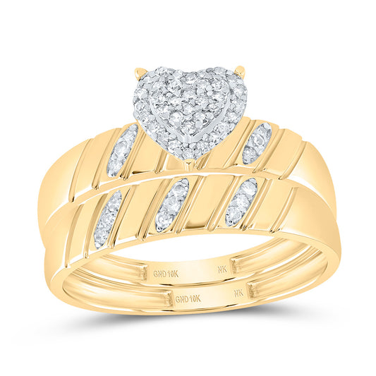10kt Yellow Gold His & Hers 1/4 Cttw Natural Diamond Heart Bridal Wedding Ring Band Set, Women Size: 5-9, Men Size: 8-12