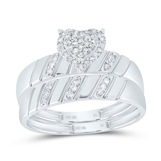 10kt White Gold His & Hers 1/4 Cttw Natural Diamond Heart Bridal Wedding Ring Band Set, Women Size: 5-9, Men Size: 8-12