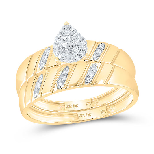 10kt Yellow Gold His & Hers 1/5 Cttw Diamond Pear Bridal Wedding Ring Band Set, Women Size: 5-9, Men Size: 8-12