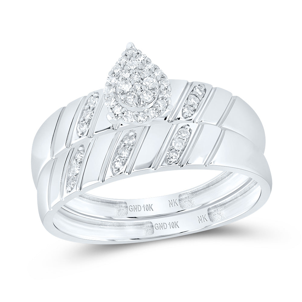 10kt White Gold His & Hers 1/5 Cttw Diamond Pear Bridal Wedding Ring Band Set, Women Size: 5-9, Men Size: 8-12