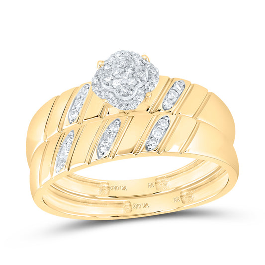 10kt Yellow Gold His & Hers 1/5 Cttw Diamond Clover Bridal Wedding Ring Band Set, Women Size: 5-9, Men Size: 8-12