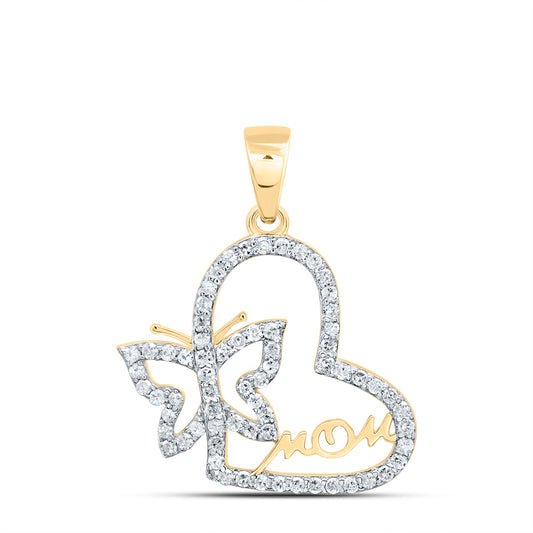 10kt Yellow Gold 1/4 Cttw Natural Diamond Mom Butterfly Heart Pendant