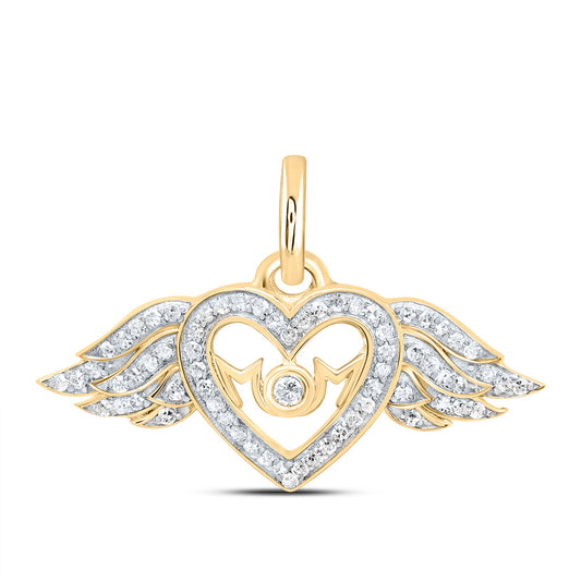 10kt Yellow Gold 1/6 Cttw Natural Diamond " Mom" Wings Heart Pendant