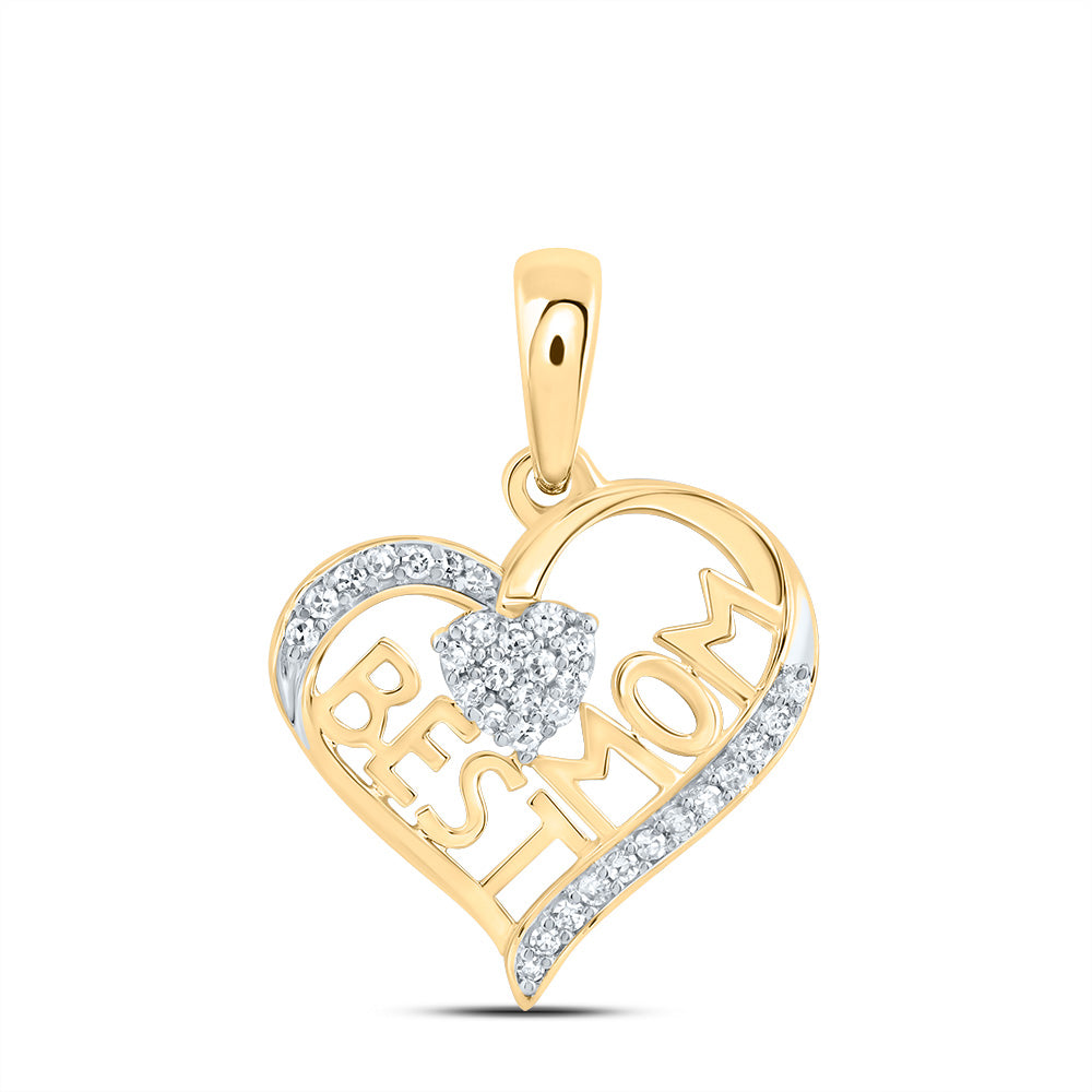 10kt Yellow Gold 1/10 Cttw Natural Diamond Best Mom Heart Pendant