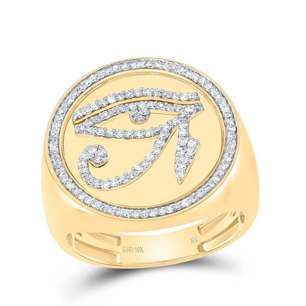 10kt Yellow Gold 1/2 Cttw Diamond Round Eye Of Horus Mens Ring, Men Size: 8-12