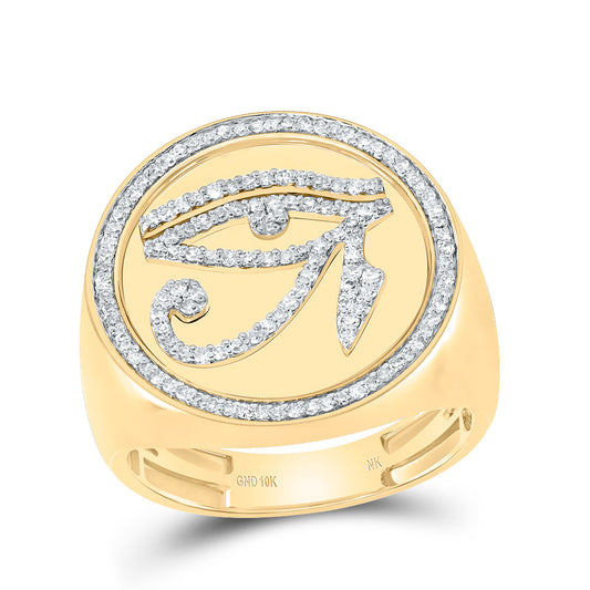 10kt Yellow Gold 1/2 Cttw Diamond Round Eye Of Horus Mens Ring, Men Size: 8-12