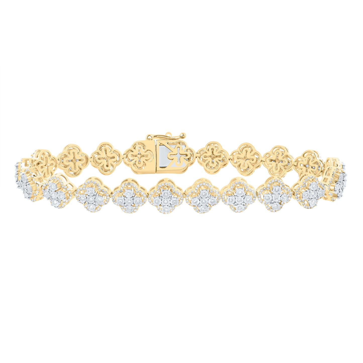 10kt Yellow Gold 1 7/8 Cttw Diamond Clover Ladies Bracelet, Length: 7 Inch