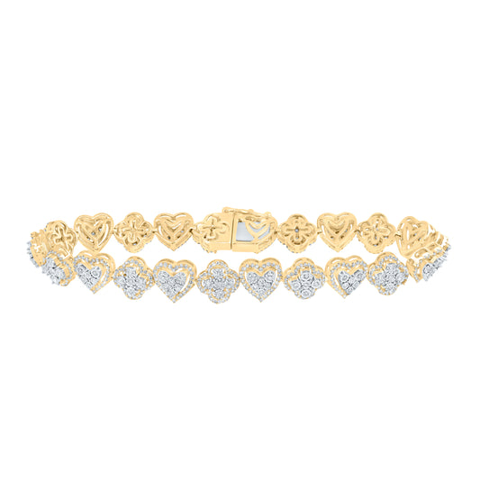 10kt Yellow Gold 2 Cttw Natural Diamond Clover Heart Ladies Bracelet, Length: 7 Inch