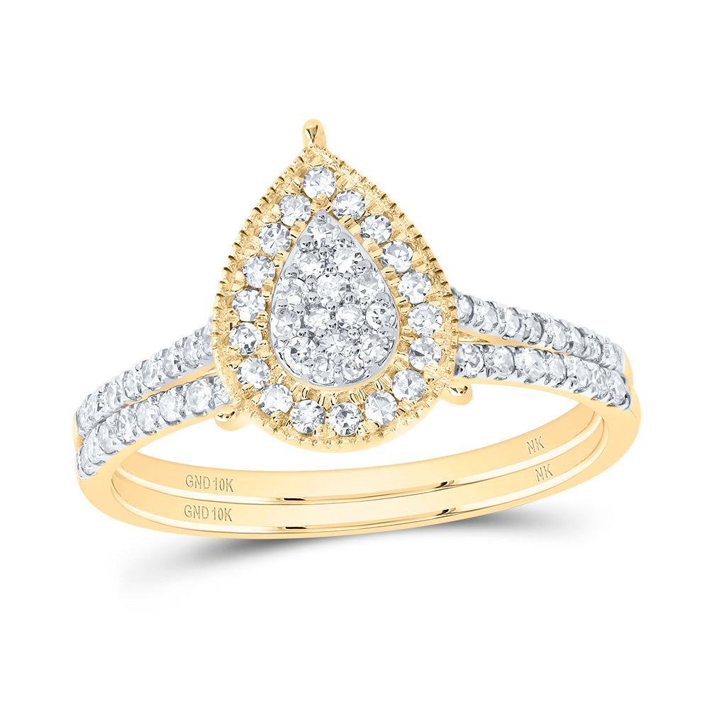 10kt Yellow Gold 3/8 Cttw Diamond Pear Single Halo Wedding Engagement Anniversary Bridal Set, Women Size: 5-9
