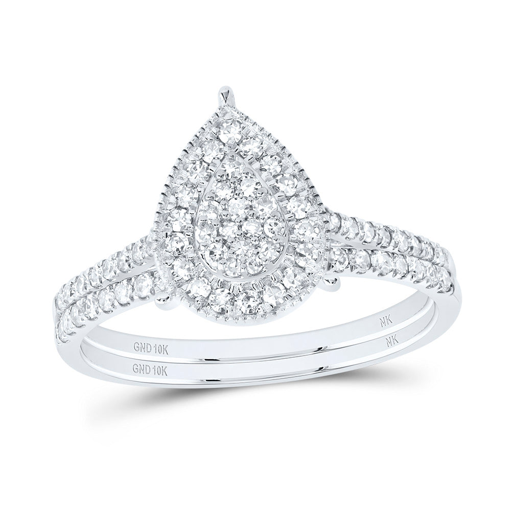 10kt White Gold 3/8 Cttw Diamond Pear Single Halo Wedding Engagement Anniversary Bridal Set, Women Size: 5-9