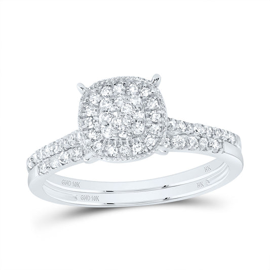 10kt White Gold 3/8 Cttw Diamond Cushion Single Halo Wedding Engagement Anniversary Bridal Set, Women Size: 5-9