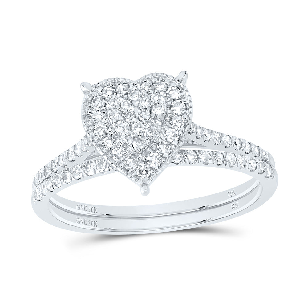 10kt White Gold 3/8 Cttw Natural Diamond Heart Single Halo Wedding Engagement Anniversary Bridal Set, Women Size: 5-9