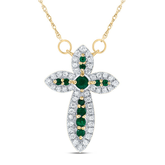 14kt Yellow Gold 1/5 Cttw Diamond and 1/5 Cttw Round Emerald Natural Gem Cross Necklace, Length: 18 Inch