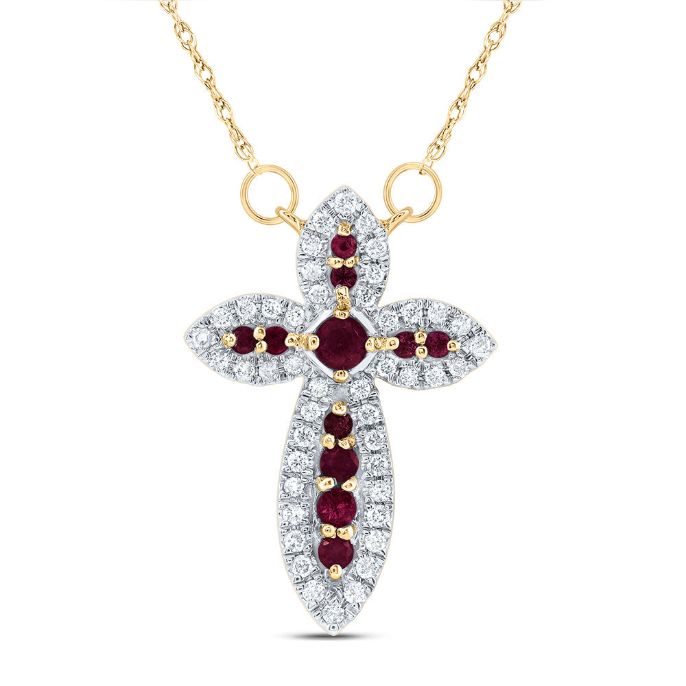14kt Yellow Gold 1/5 Cttw Diamond and 1/4 Cttw Round Ruby Natural Gem Cross Necklace, Length: 18 Inch