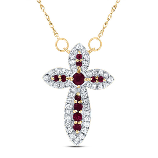 14kt Yellow Gold 1/5 Cttw Diamond and 1/4 Cttw Round Ruby Natural Gem Cross Necklace, Length: 18 Inch