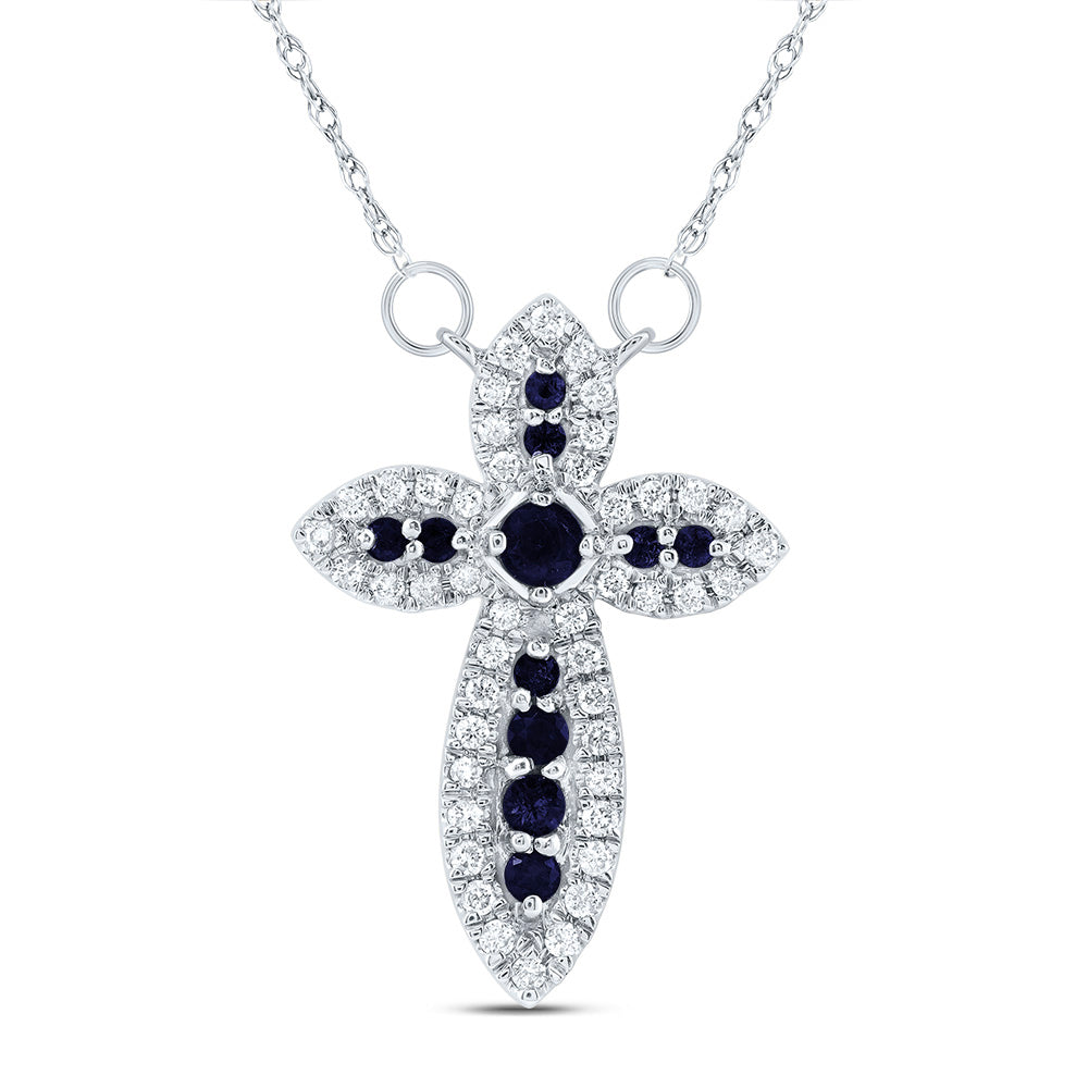 14kt White Gold 1/5 Cttw Diamond and 1/4 Cttw Round Blue Sapphire Natural Gem Cross Necklace, Length: 18 Inch