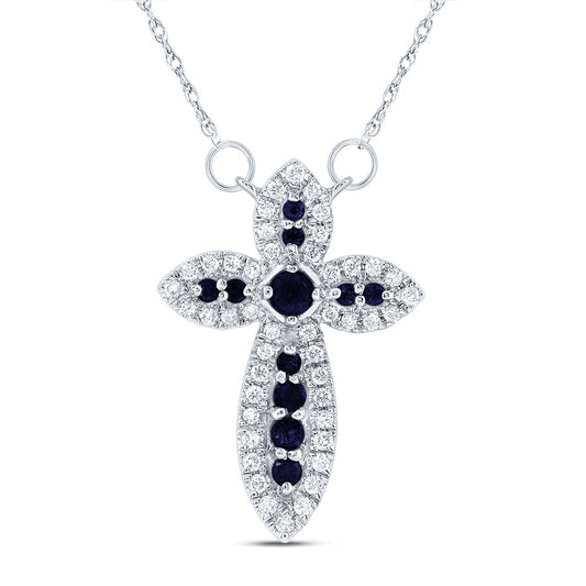 14kt White Gold 1/5 Cttw Diamond and 1/4 Cttw Round Blue Sapphire Natural Gem Cross Necklace, Length: 18 Inch