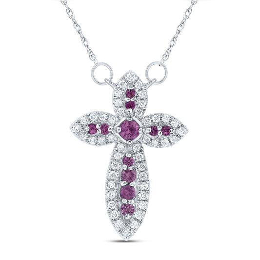14kt White Gold 1/5 Cttw Diamond and 1/5 Cttw Round-pink Sapp Natural Gem Cross Necklace, Length: 18 Inch