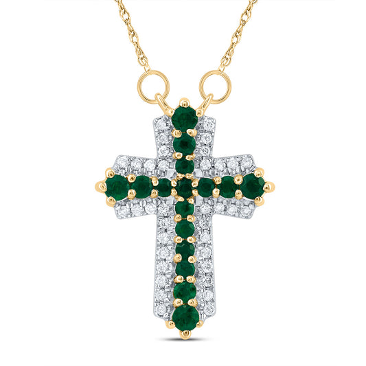 14kt Yellow Gold 1/8 Cttw Diamond and 1/2 Cttw Round Emerald Natural Gem Cross Necklace, Length: 18 Inch
