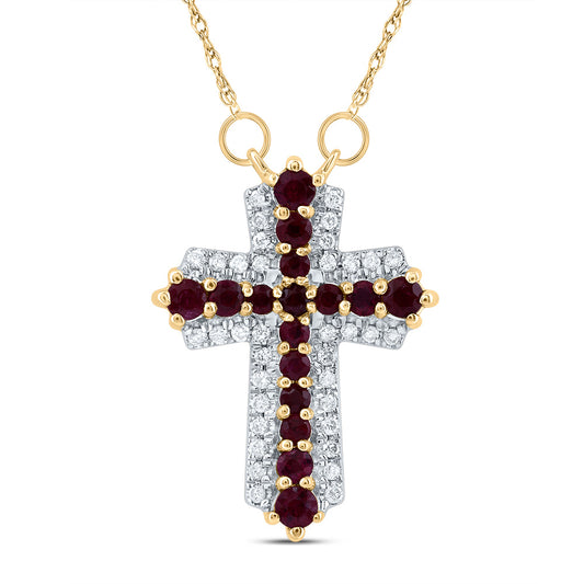 14kt Yellow Gold 1/8 Cttw Diamond and 1/2 Cttw Round Ruby Natural Gem Cross Necklace, Length: 18 Inch
