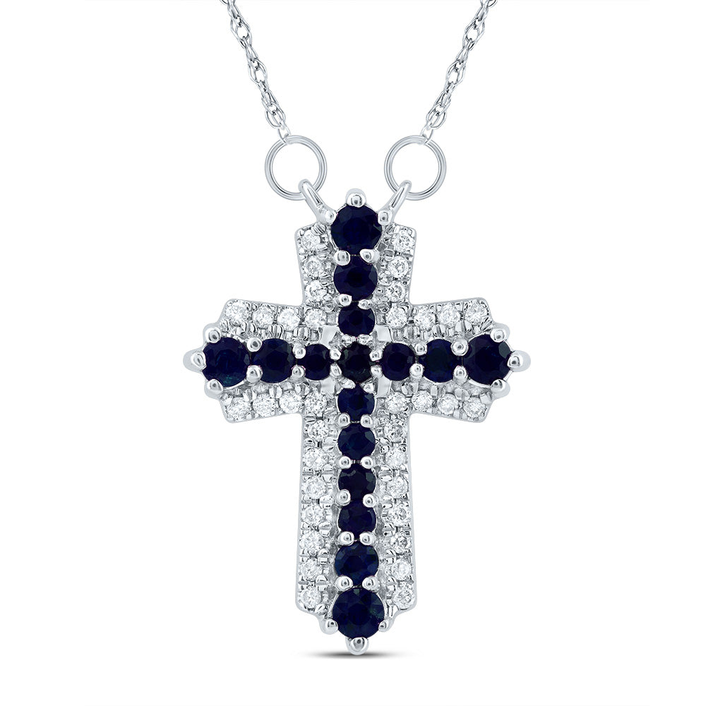 14kt White Gold 1/8 Cttw Diamond and 1/2 Cttw Round Blue Sapphire Natural Gem Cross Necklace, Length: 18 Inch