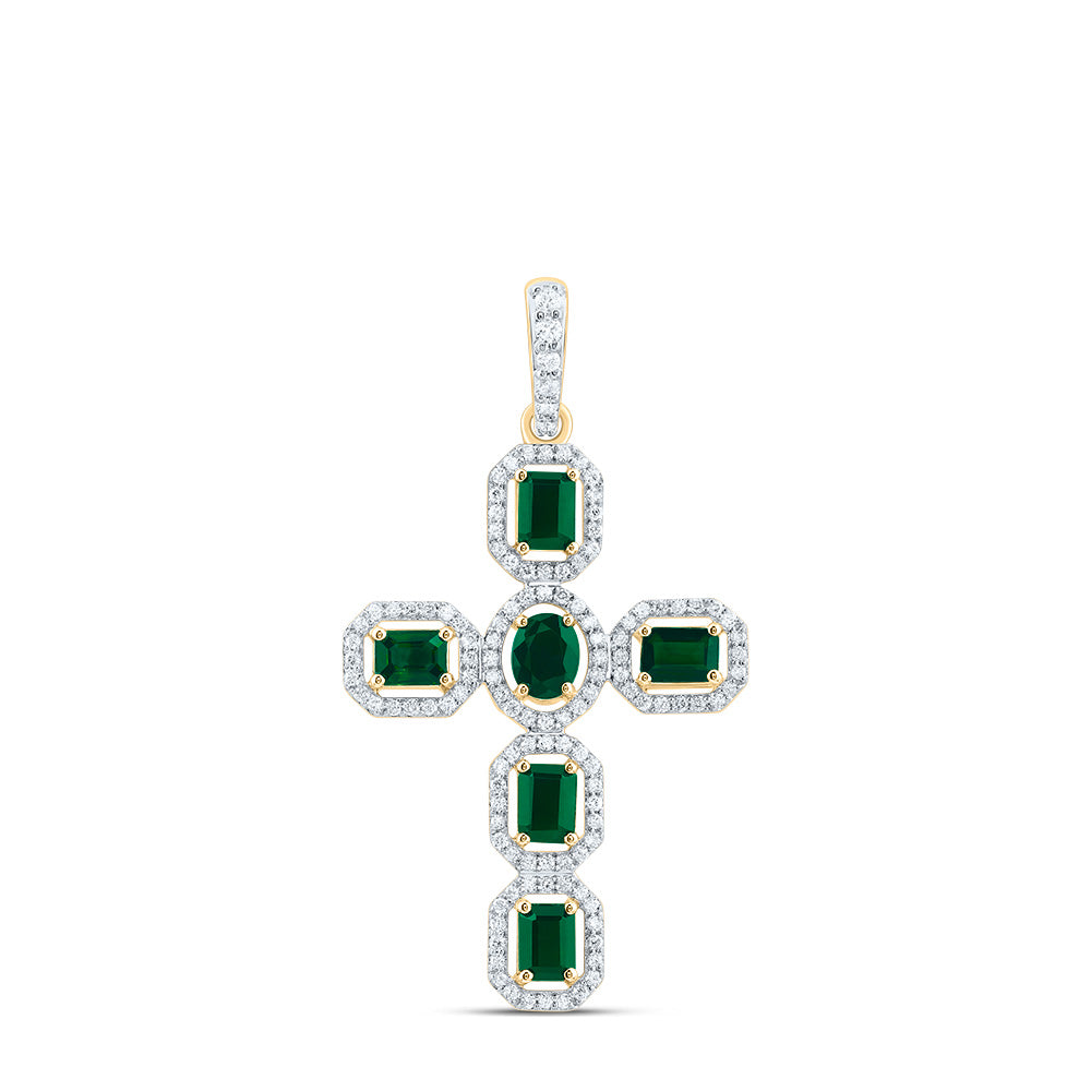 14kt Yellow Or White Gold Diamond and Emerald Shape 5x3mm Oval, Natural Gem Cross Pendant
