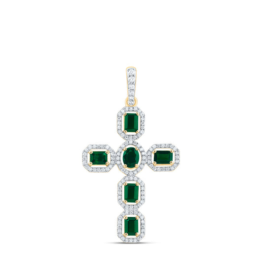 14kt Yellow Or White Gold Diamond and Emerald Shape 5x3mm Oval, Natural Gem Cross Pendant