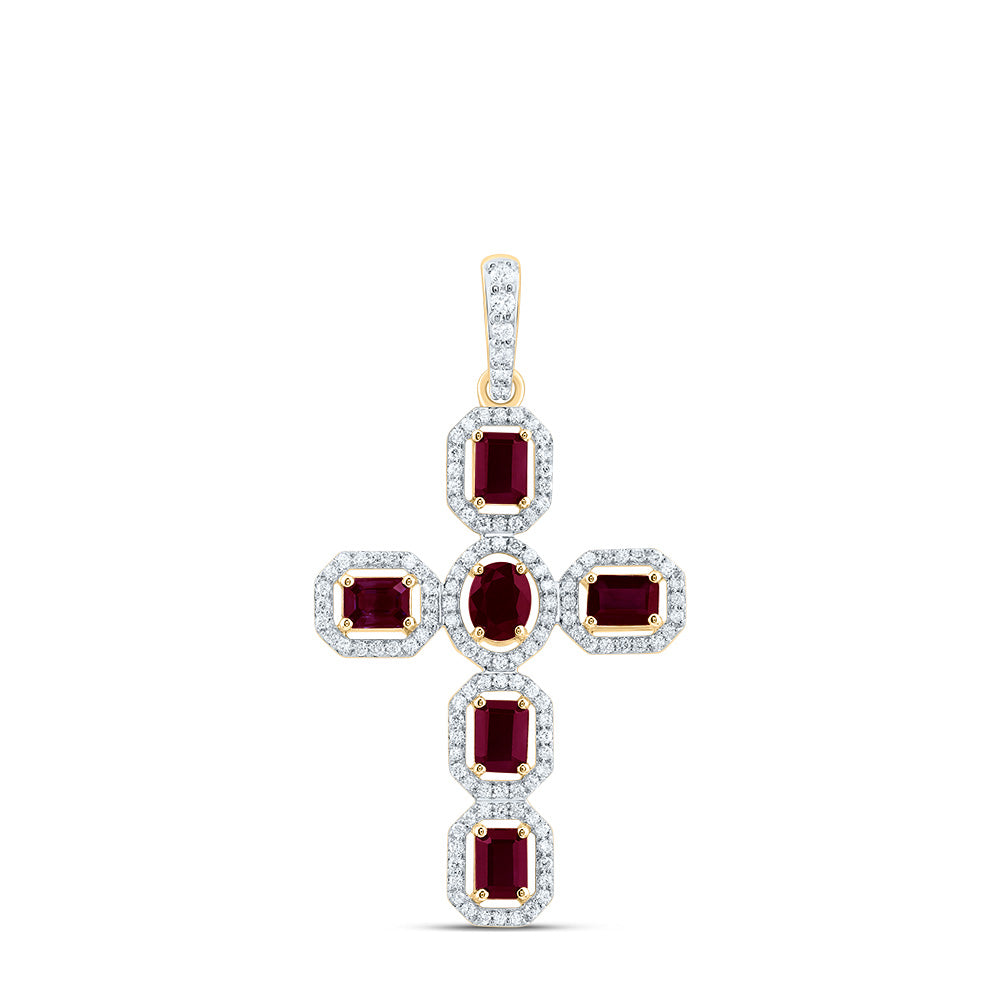 14kt Yellow Or White Gold Diamond and Emerald Shape 5x3mm Oval, Natural Gem Cross Pendant
