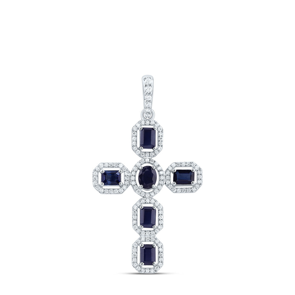 14kt Yellow Or White Gold Diamond and Emerald Shape 5x3mm Oval, Natural Gem Cross Pendant