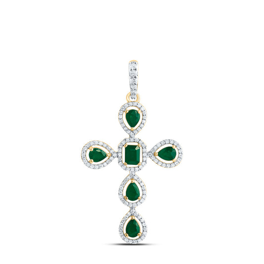 14kt Yellow Gold 1/3 Cttw Diamond and 1 Cttw Pear em, 4x3mm-em-em, Natural Gem Cross Pendant