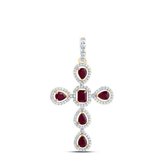 14kt Yellow Gold 1/3 Cttw Diamond and 1 Cttw Pear ru, 4x3mm-em-ru, Natural Gem Cross Pendant