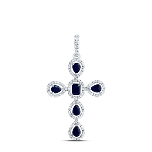 14kt White Gold 1/3 Cttw Diamond and 1 Cttw Pear Blue Sapphire, 4x3mm-em Blue Sapphire, Natural Gem Cross Pendant